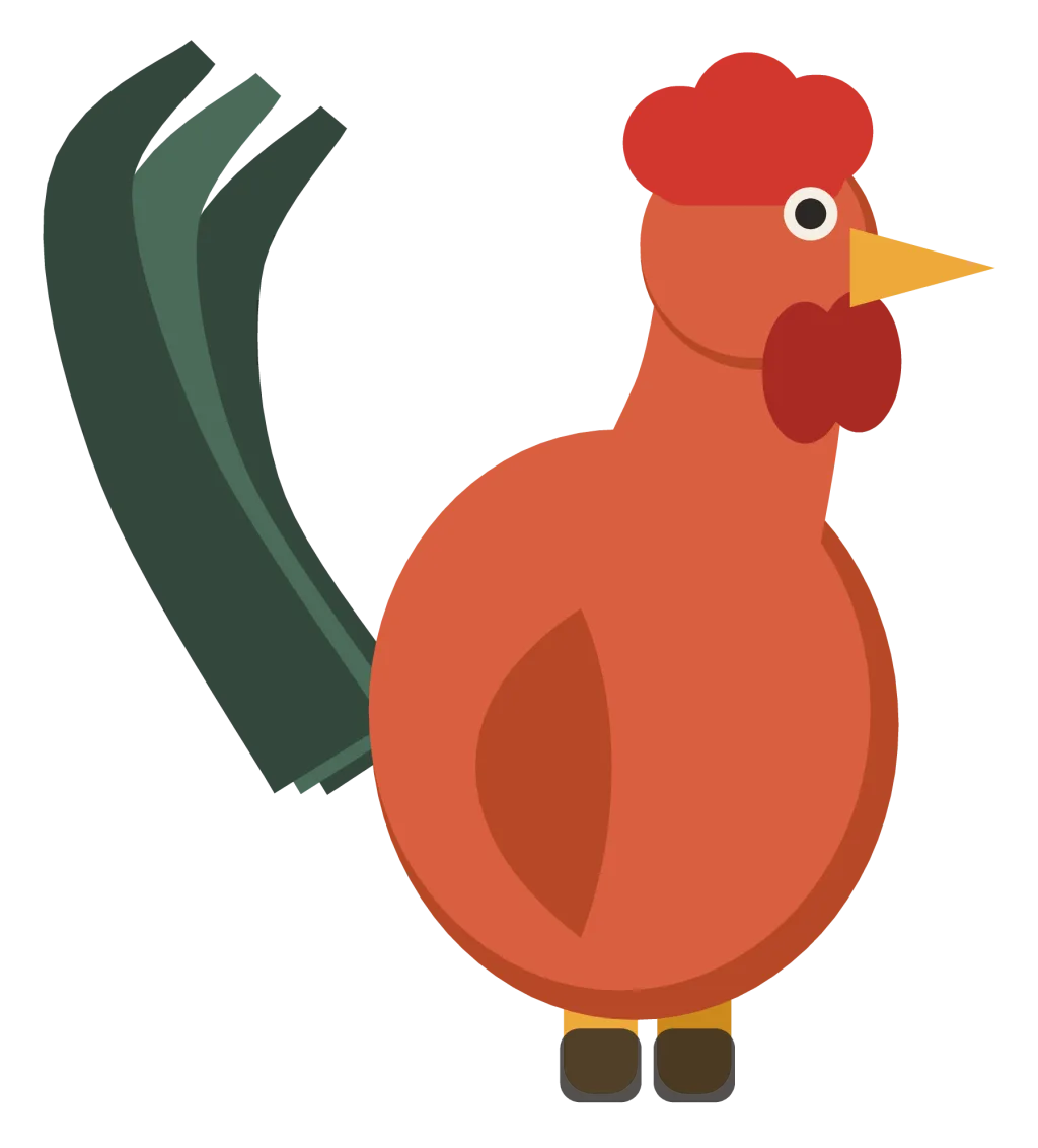 A rooster with a red comb and wattles, standing upright with long curved tail feathers behind it.