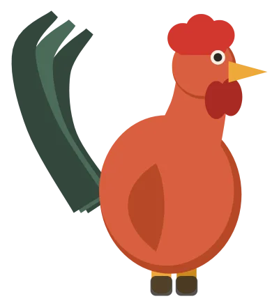 A rooster with a red comb and wattles, standing upright with long curved tail feathers behind it.