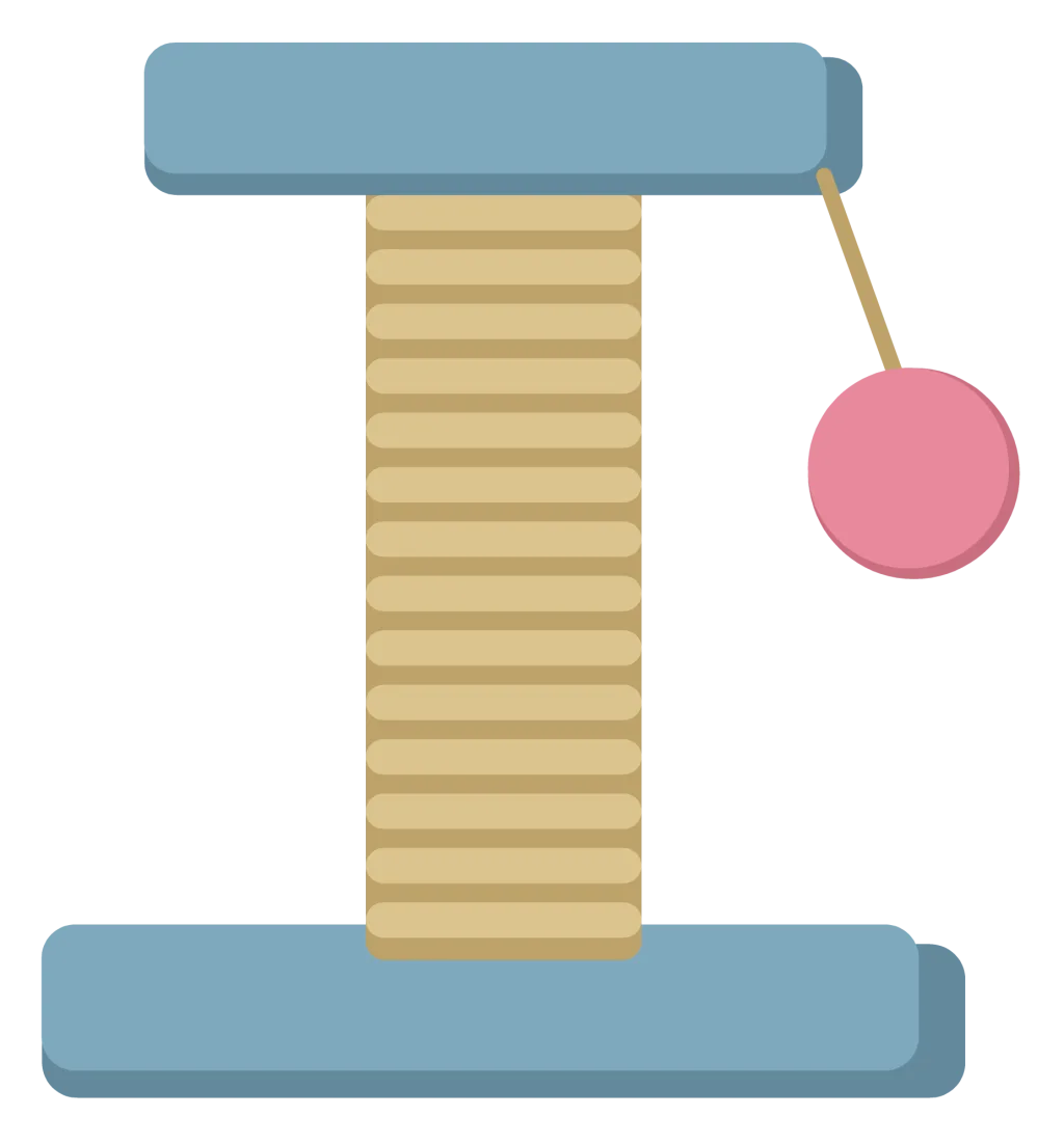 A scratching post wrapped in rope, with a carpeted base, a small platform on top and a dangling ball toy.