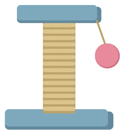 A scratching post wrapped in rope, with a carpeted base, a small platform on top and a dangling ball toy.