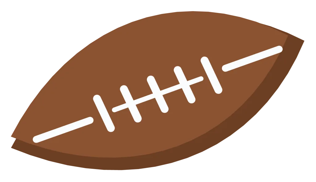A brown american football with white laces and two white stripes near the ends.