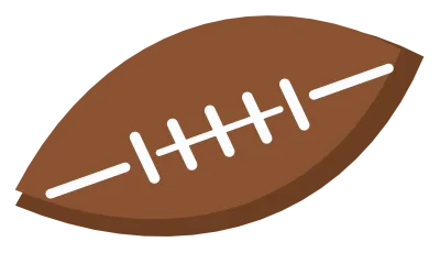 A brown american football with white laces and two white stripes near the ends.