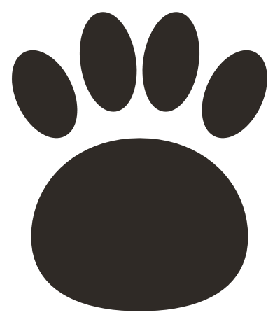 A dark paw print with one large pad and four rounded toes above it.