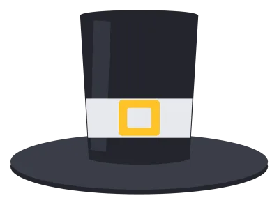 A tall black pilgrim hat with a wide brim, a pale grey band and a gold square buckle.