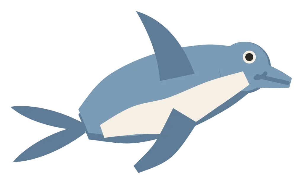 A blue-grey dolphin swimming, with a bottle-nosed beak, a swept-back dorsal fin, a pale belly and a horizontal tail fluke.