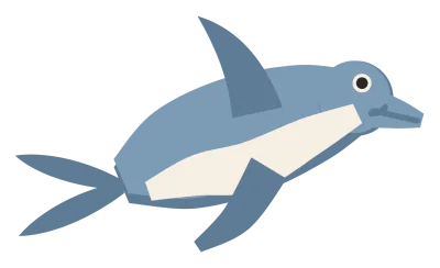 A blue-grey dolphin swimming, with a bottle-nosed beak, a swept-back dorsal fin, a pale belly and a horizontal tail fluke.