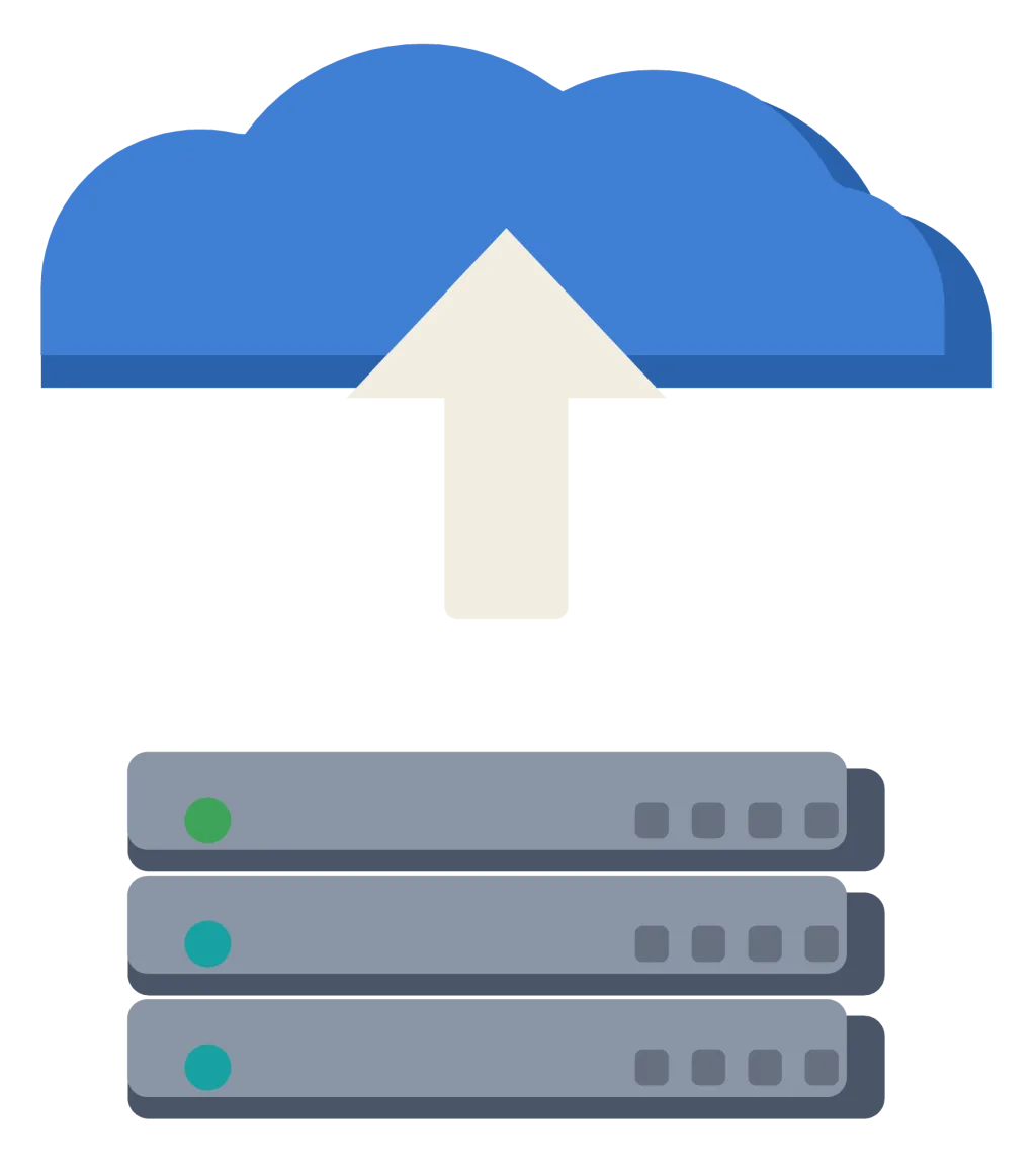A blue cloud with an upward arrow inside it, over a row of stacked server drives.