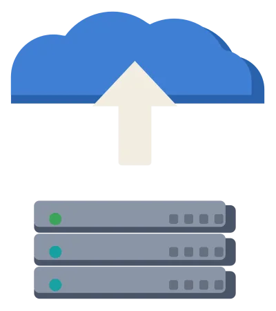 A blue cloud with an upward arrow inside it, over a row of stacked server drives.