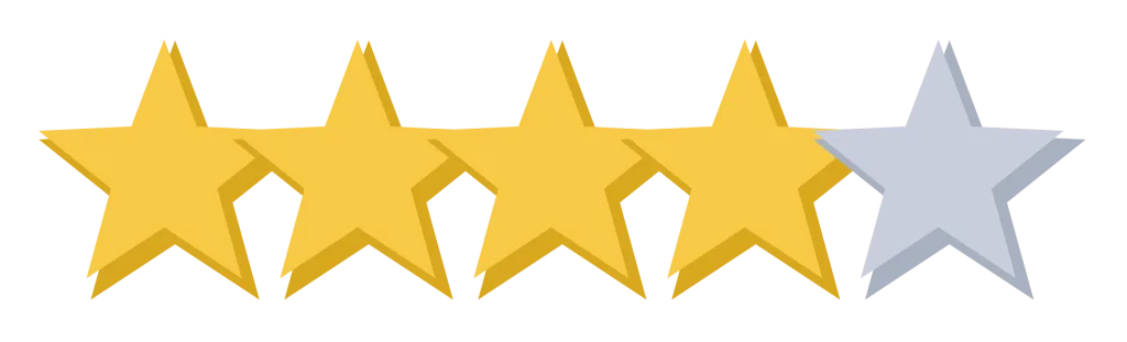 A row of five stars with four filled gold and the last one grey.