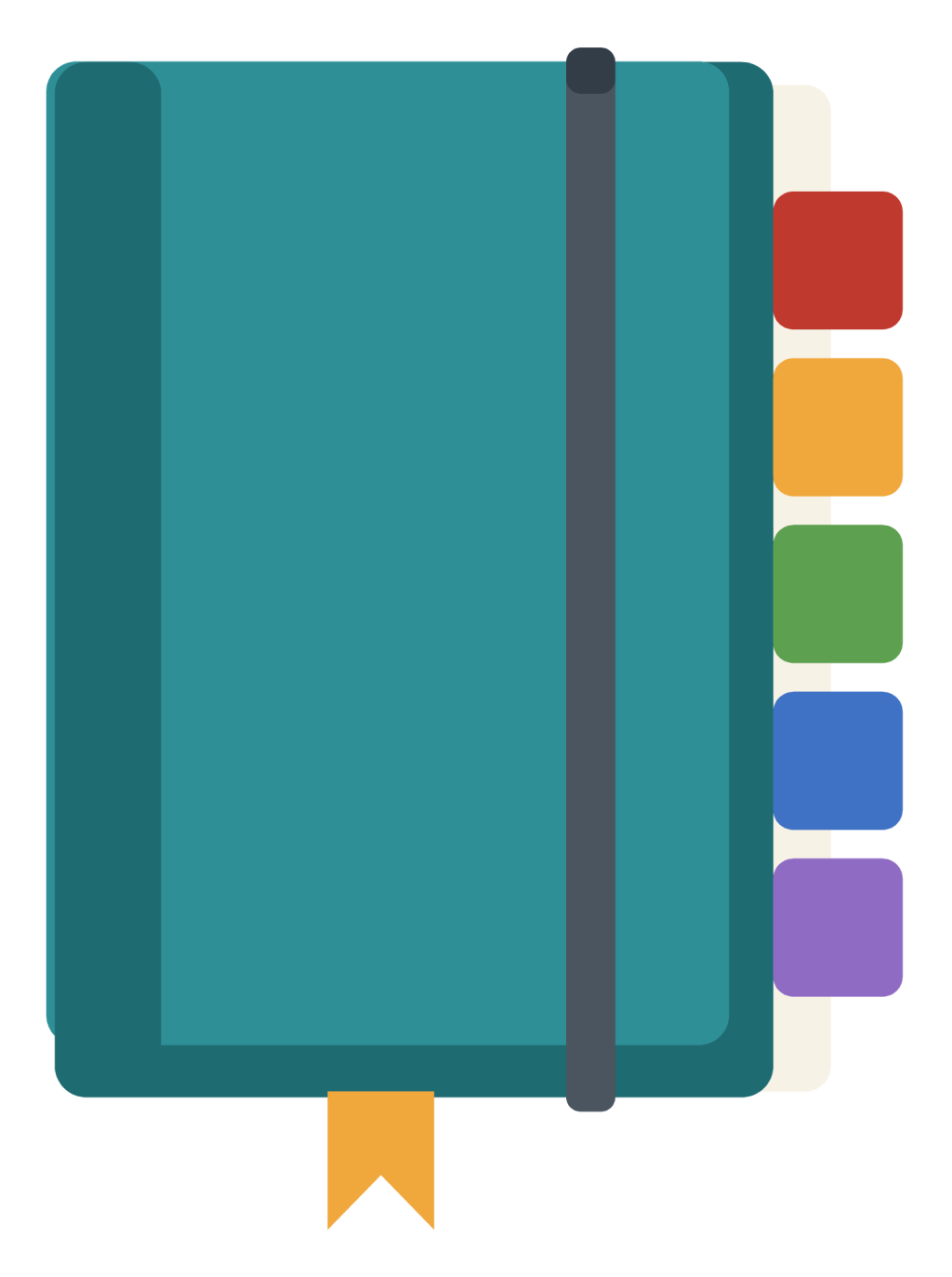 A closed lesson planner with coloured tabs down the edge and an elastic band round it.