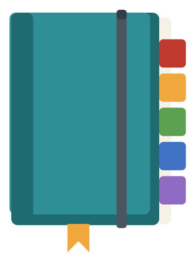 A closed lesson planner with coloured tabs down the edge and an elastic band round it.