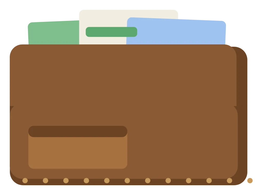 A brown leather wallet with cards and a banknote showing above the fold.