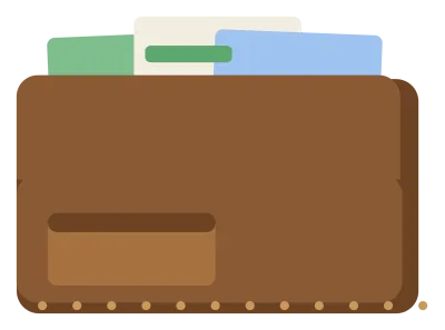 A brown leather wallet with cards and a banknote showing above the fold.