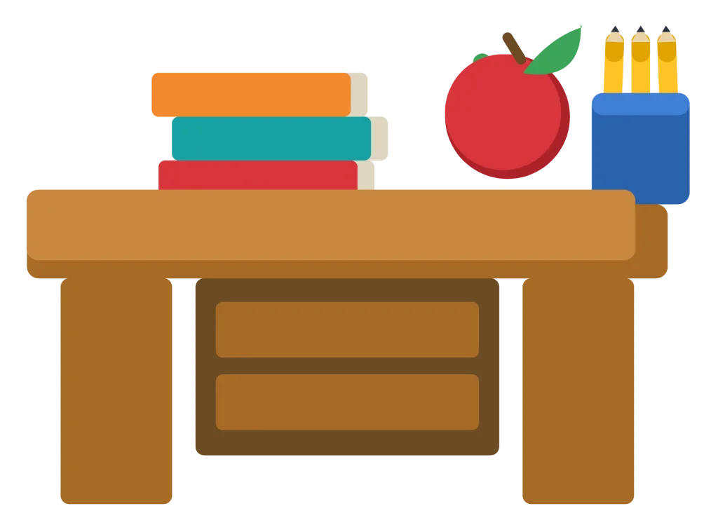 A wooden teachers desk with a stack of books, an apple and a pot of pencils on top.