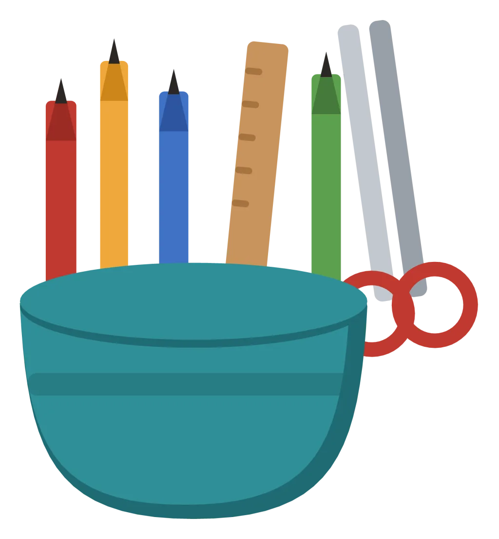 A ceramic pencil pot holding pens, pencils, a ruler and a pair of scissors.