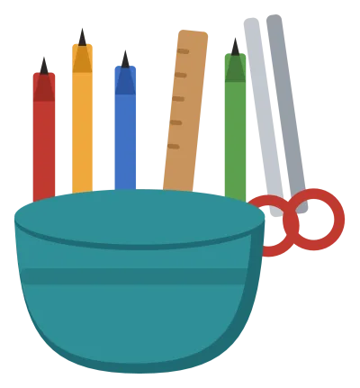 A ceramic pencil pot holding pens, pencils, a ruler and a pair of scissors.