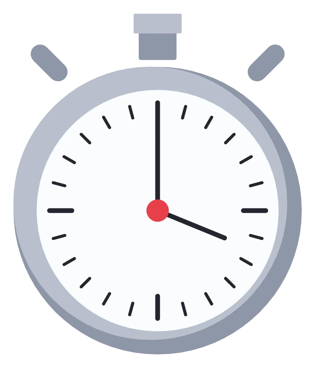 A silver stopwatch with a white face, black hands, a crown button and two side buttons.