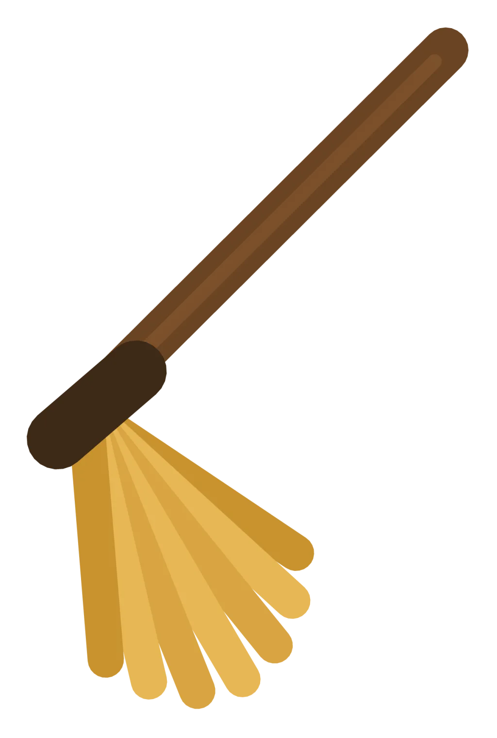 A wooden witch broom with a long handle, a fanned straw head and a dark binding band.