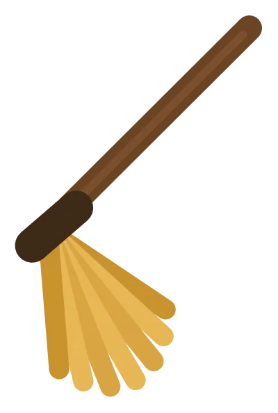 A wooden witch broom with a long handle, a fanned straw head and a dark binding band.