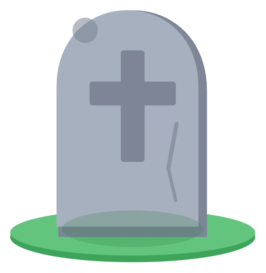 A grey rounded tombstone with a carved cross, standing on a small mound of grass.
