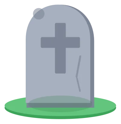 A grey rounded tombstone with a carved cross, standing on a small mound of grass.
