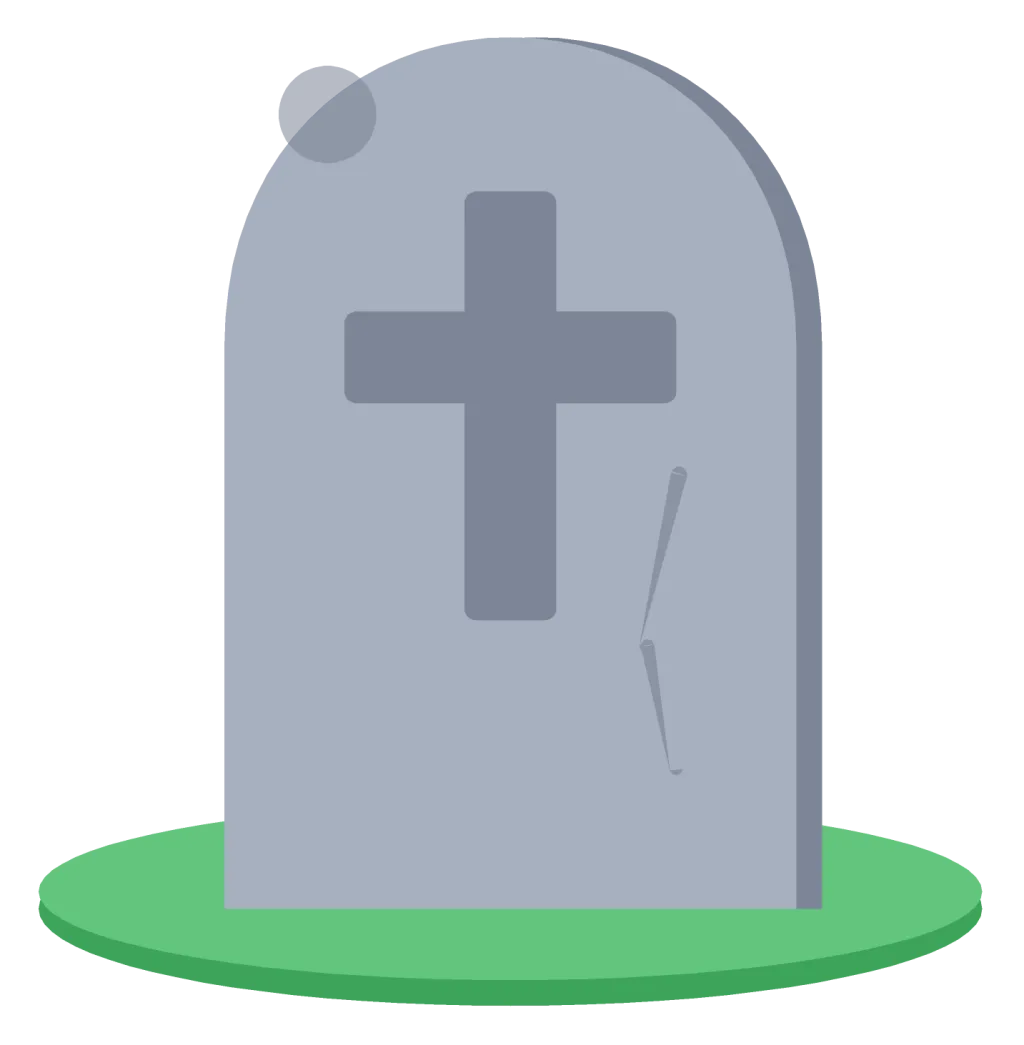 A grey rounded tombstone with a carved cross, standing on a small mound of grass.