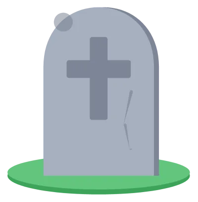 A grey rounded tombstone with a carved cross, standing on a small mound of grass.