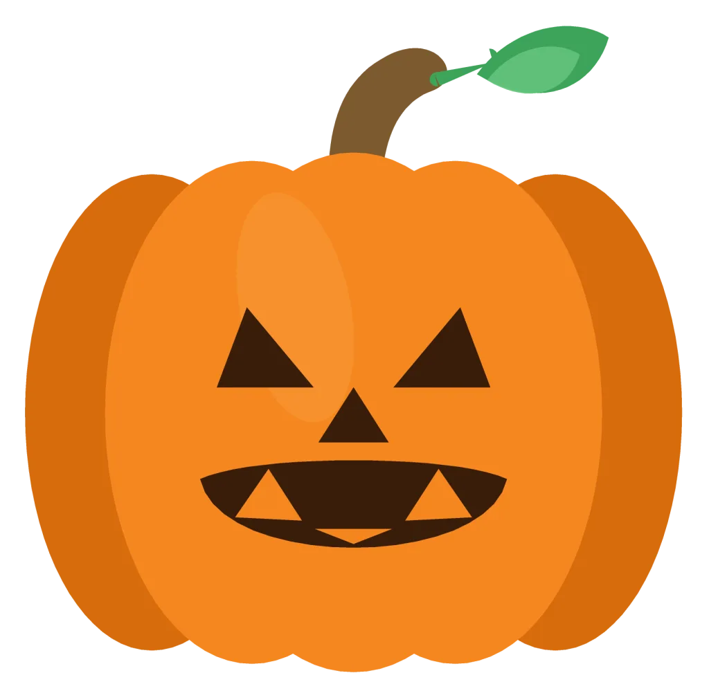 A carved orange jack-o-lantern with triangular eyes, a small triangular nose and a wide toothy grin.