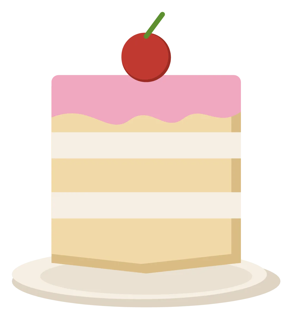 A slice of layer cake on a plate, with two sponge layers, cream between them and a cherry on top.