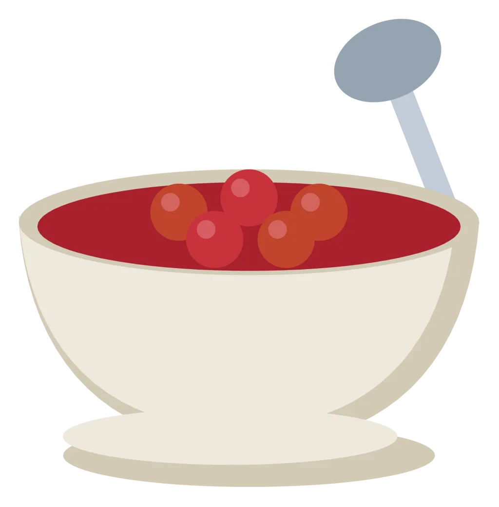 A dish of deep red cranberry sauce with whole berries on top and a serving spoon.