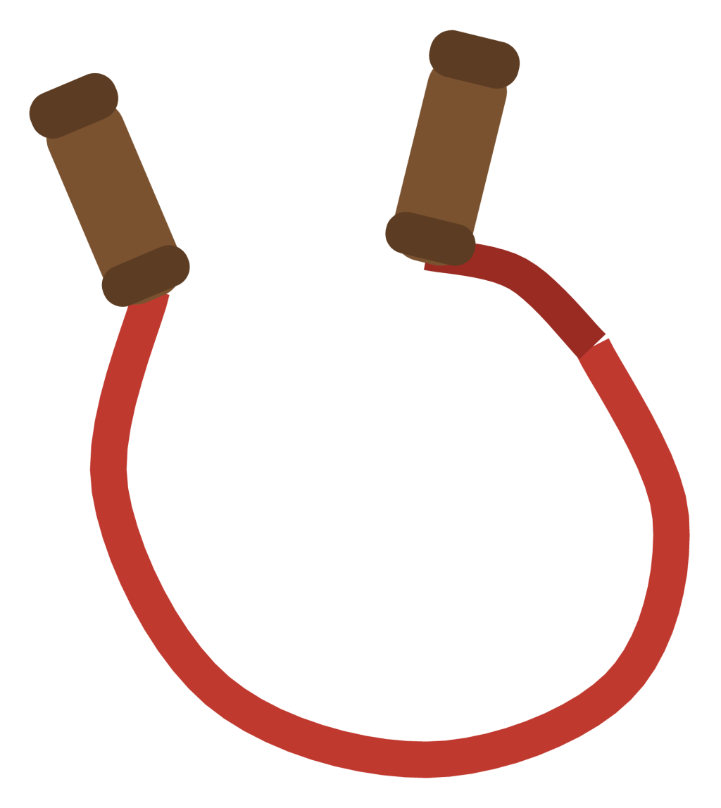 A red jump rope with wooden handles, the cord hanging in a long loop between them.