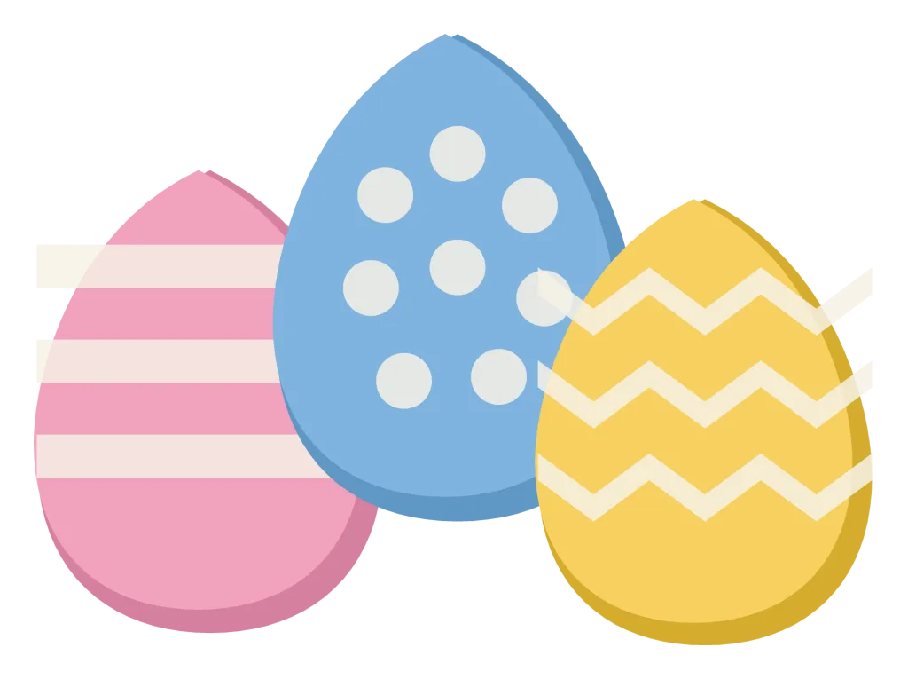 Three painted Easter eggs in pink, blue and yellow with stripes, dots and zigzags.
