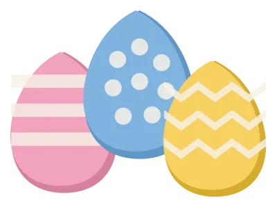 Three painted Easter eggs in pink, blue and yellow with stripes, dots and zigzags.