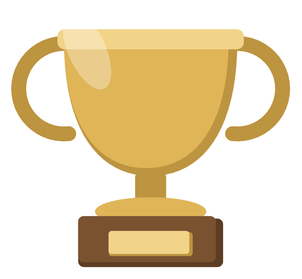 A gold trophy cup with two handles, standing on a dark plinth with a blank nameplate.