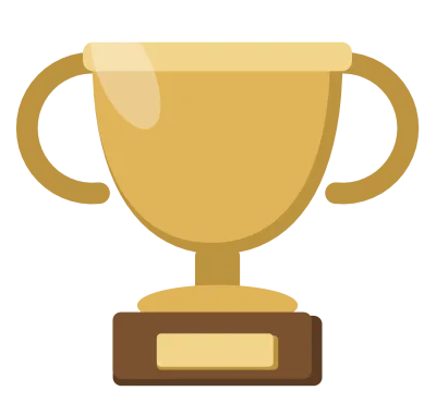A gold trophy cup with two handles, standing on a dark plinth with a blank nameplate.