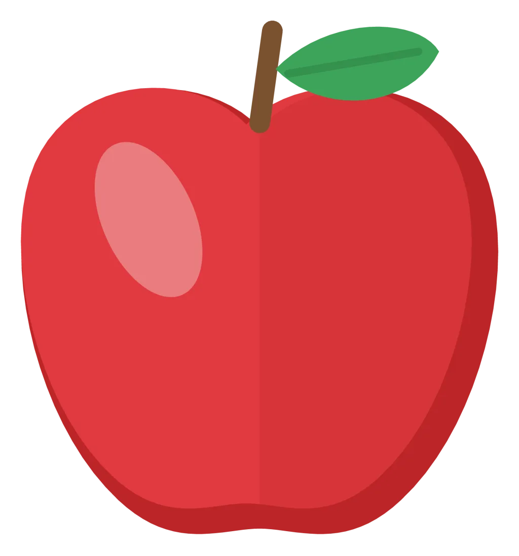 A shiny red apple with a brown stem and a single green leaf.
