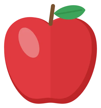 A shiny red apple with a brown stem and a single green leaf.