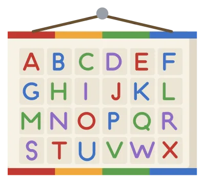 A classroom alphabet chart on the wall, ruled into squares with a letter in each.