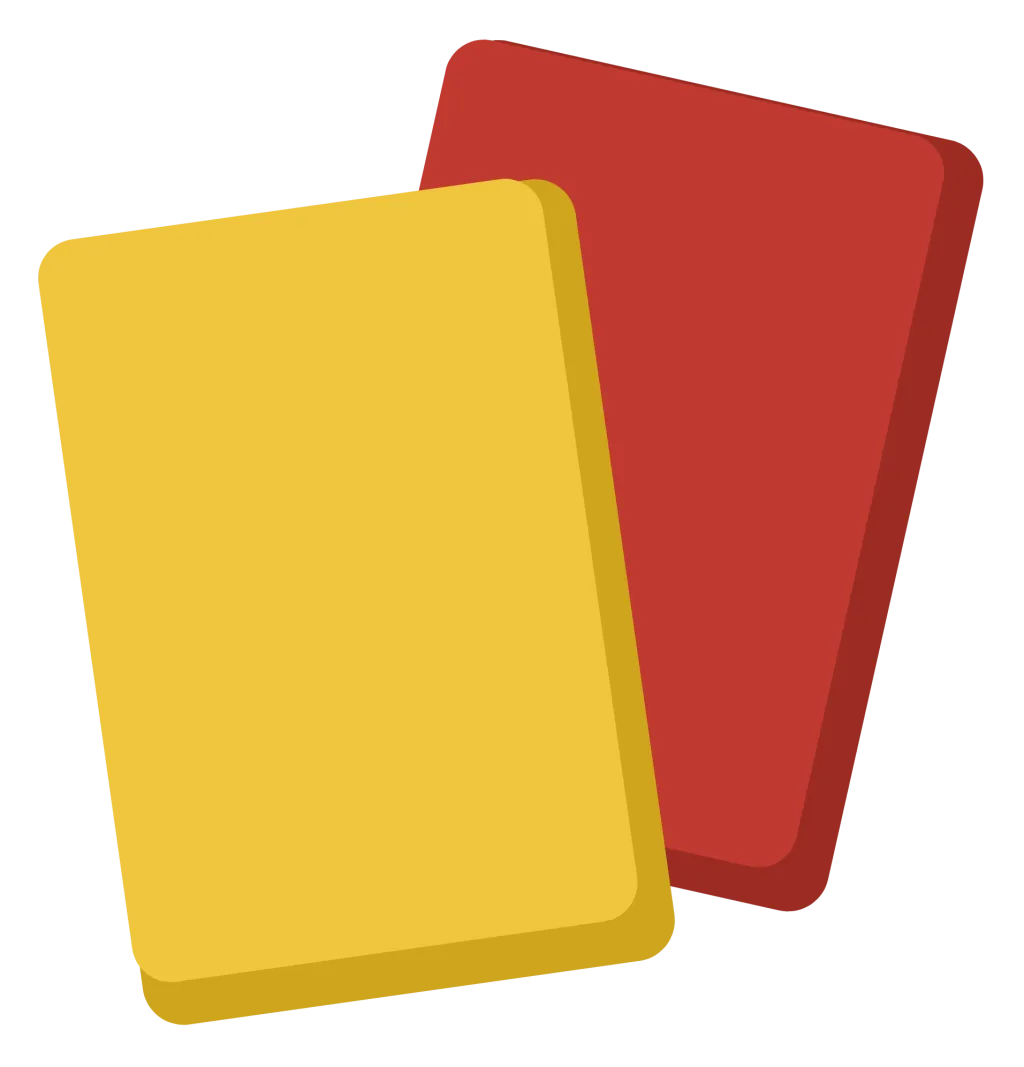 A yellow card and a red card held one behind the other, overlapping at an angle.