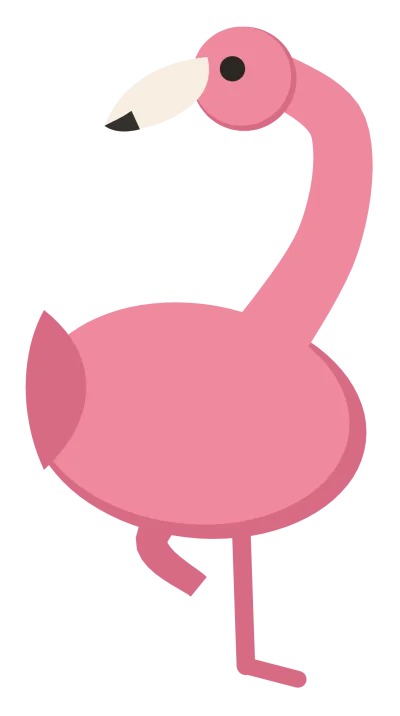A pink flamingo standing on one leg, with a long curved neck and a black-tipped downturned beak.