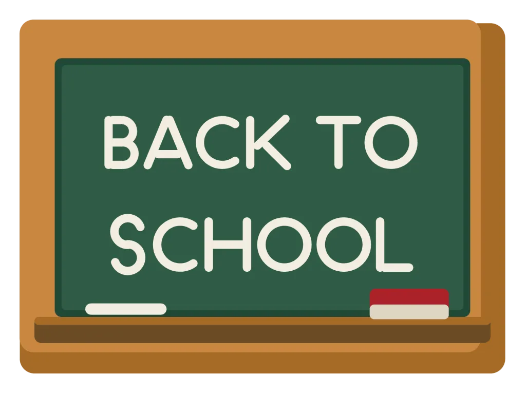 A wooden-framed green chalkboard reading Back to School in chalk, with a chalk stick and eraser on the ledge.