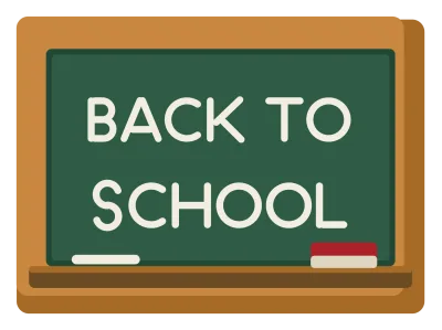 A wooden-framed green chalkboard reading Back to School in chalk, with a chalk stick and eraser on the ledge.