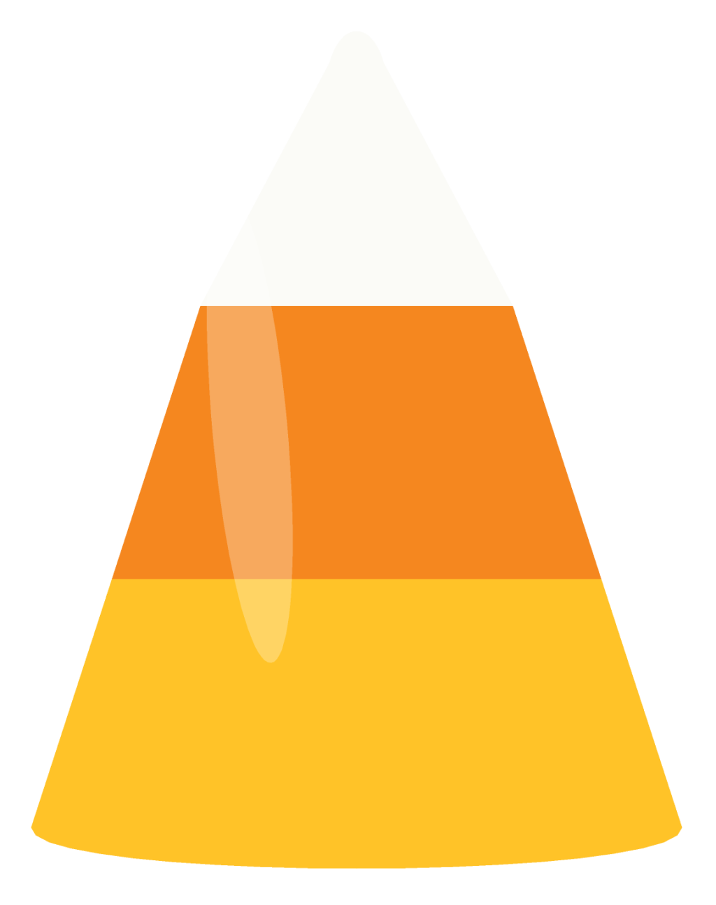 A single piece of candy corn with the classic three bands: a white tip, an orange middle and a yellow base.