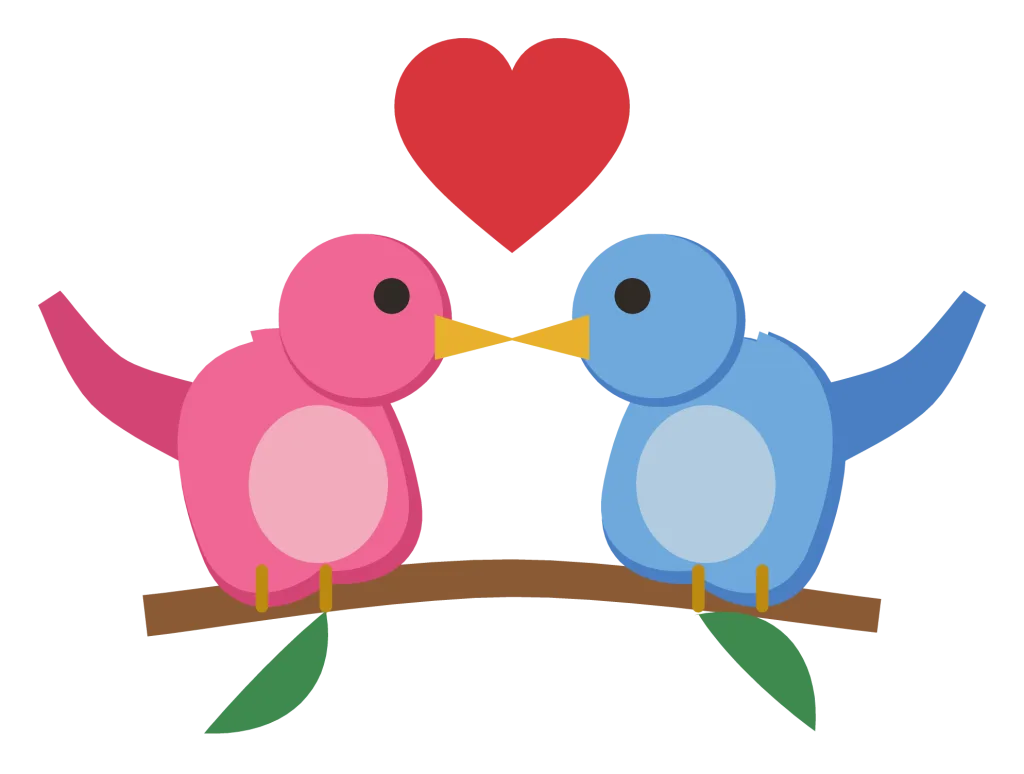 Two small birds facing each other on a branch with a heart between them.