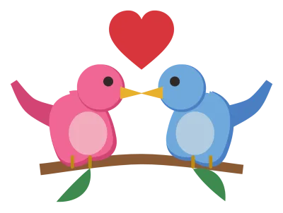 Two small birds facing each other on a branch with a heart between them.