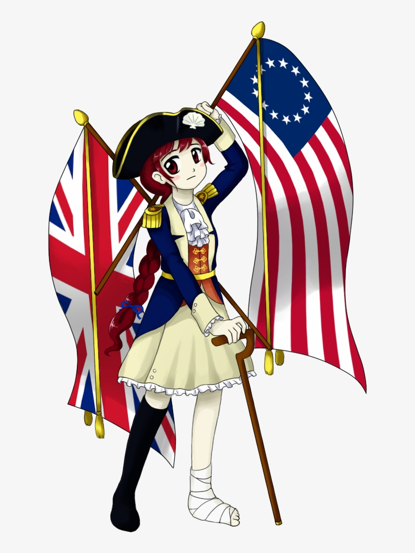 An anime character holding both the British and American flags in hand.