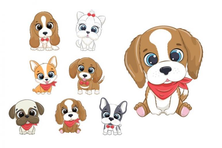 Various kinds of cute puppies are looking at us.
 Cliparts printable PDF