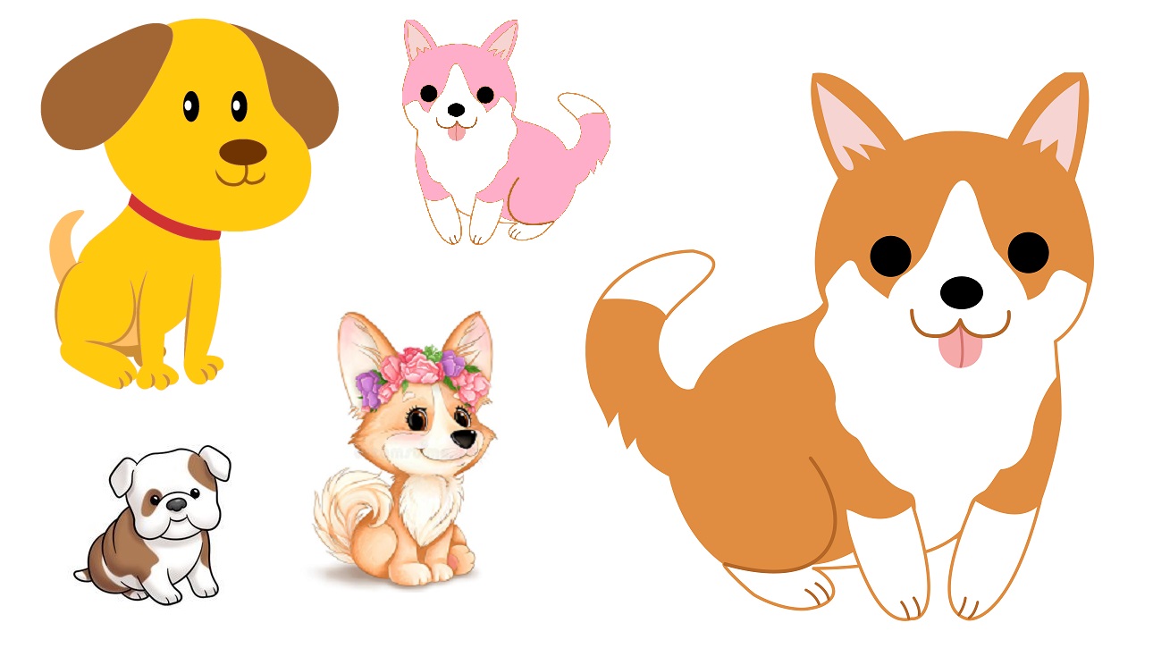 Here you can see cute puppies in orange, pink and brown colors.
 Cliparts printable PDF