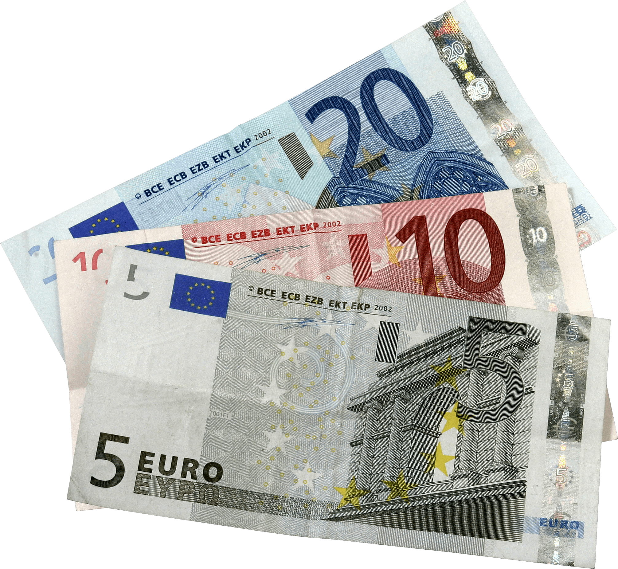 Clipart of 5, 10, and 20-euro banknotes.