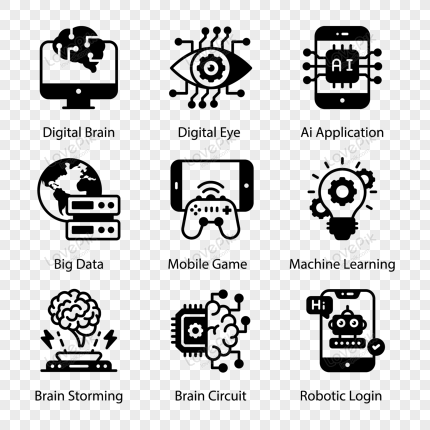 Various symbols depicting future technology, including a digital brain, digital eye, and big data. Cliparts printable PDF